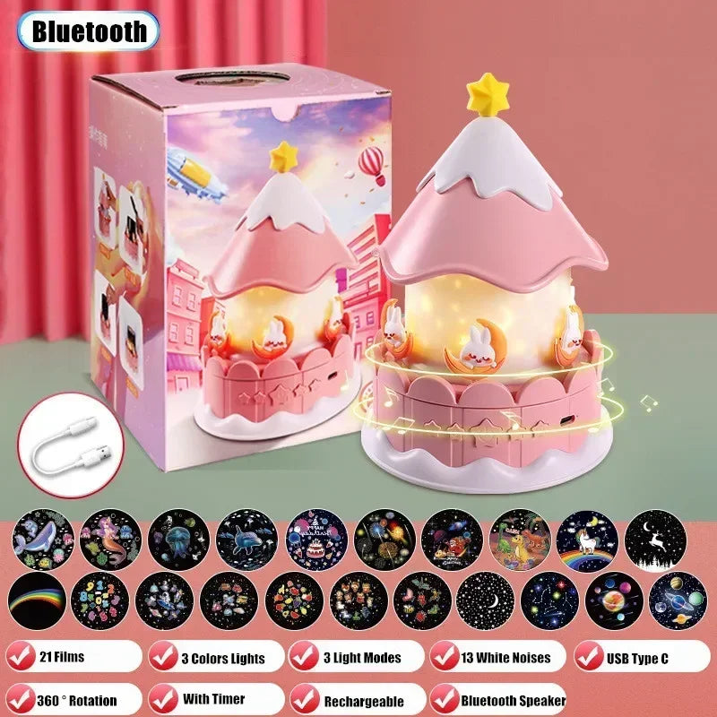 LED Galaxy Carousel Star Projector USB 21 Flims Night Light Lamp with Bluetooth Speaker for Kids Gift Room Decorative Night Lamp