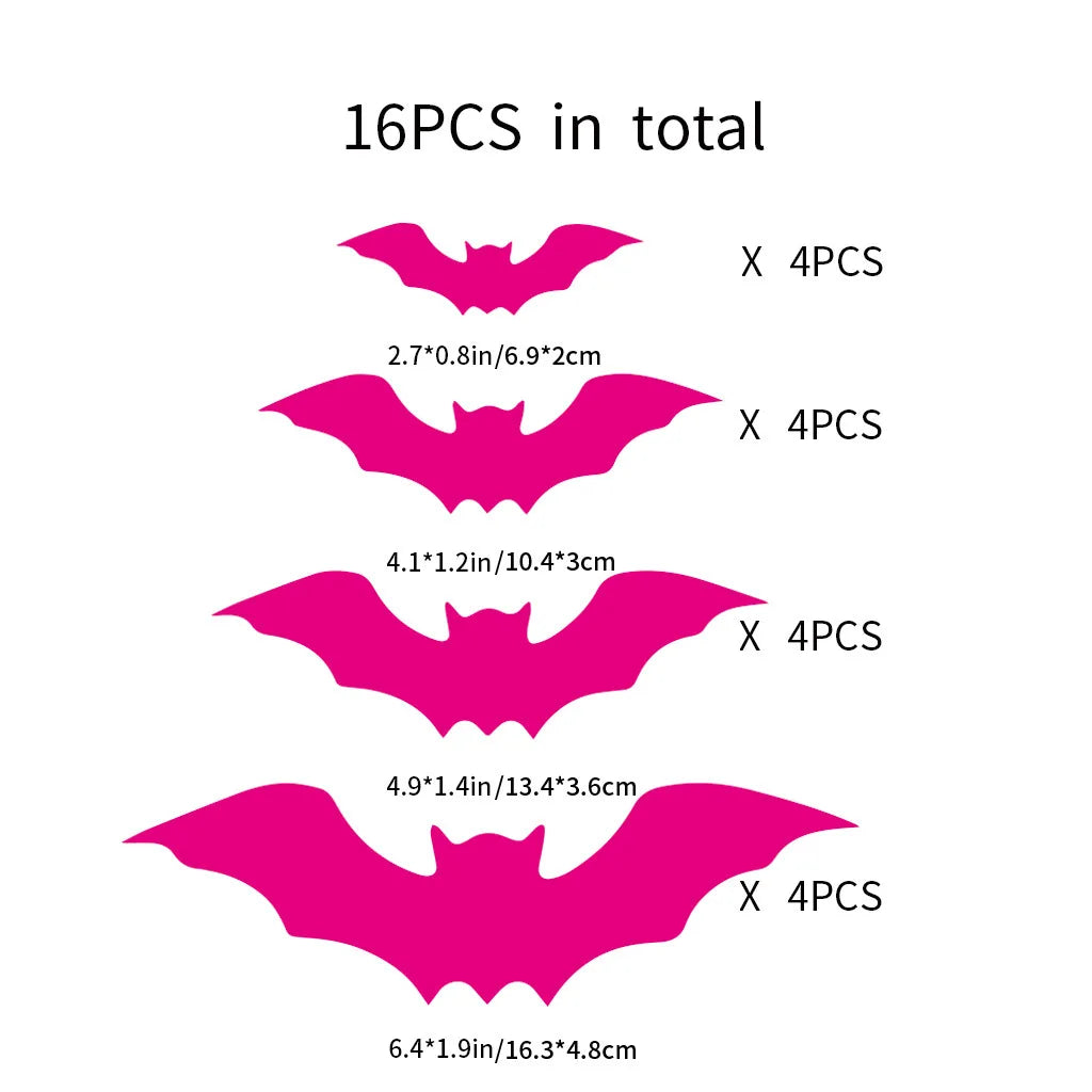 16pcs Halloween Wall Stickers, Glow-In-The-Dark Bat Decals, Waterproof Party Decorations for Walls Windows Ceilings