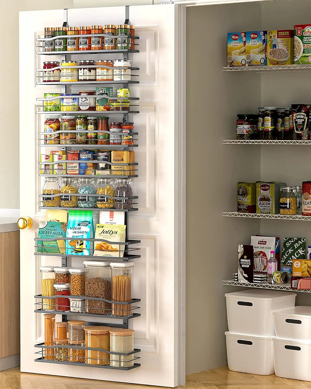 9-Tier Over The Door Pantry Organizer, Pantry Organization and Storage, Black Hanging Basket Wall Spice Rack Seasoning Shelves