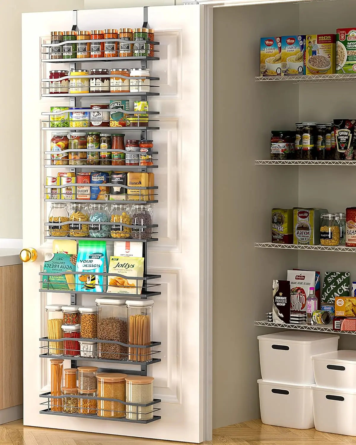 9-Tier Over The Door Pantry Organizer, Pantry Organization and Storage, Black Hanging Basket Wall Spice Rack Seasoning Shelves