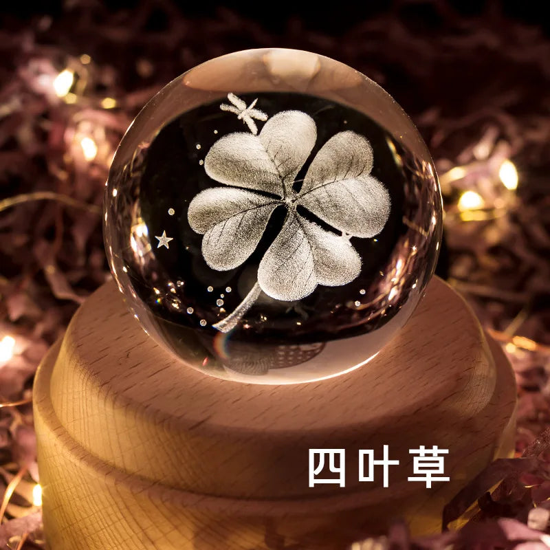 3D Laser Engraved Crystal Ball Rotating Music Coloured Starry Wooden Night Light Birthday Gift Home Decoration Carousel