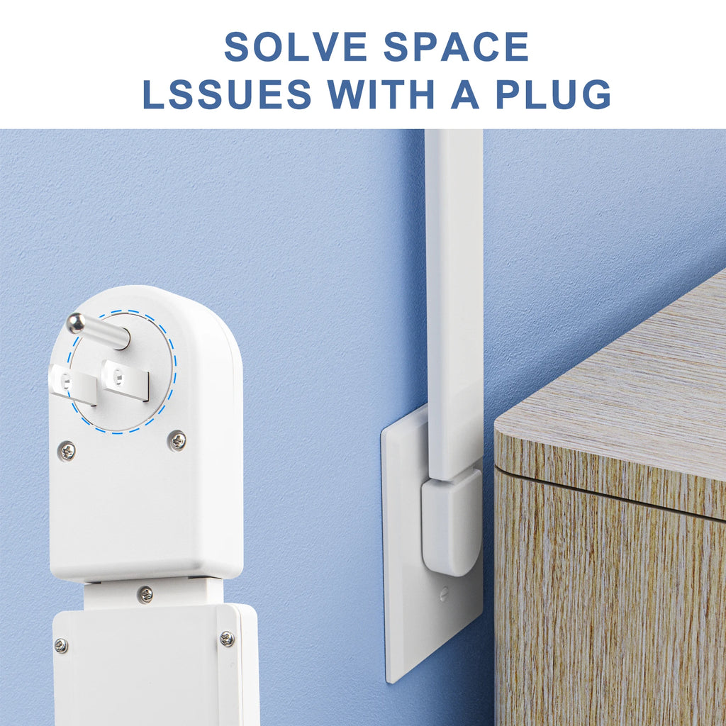 Power outlet extender with 2 USB-A ports, USB-C port, and 2 AC power ports. It extends 22 inches to 34 inches and rotates 180°