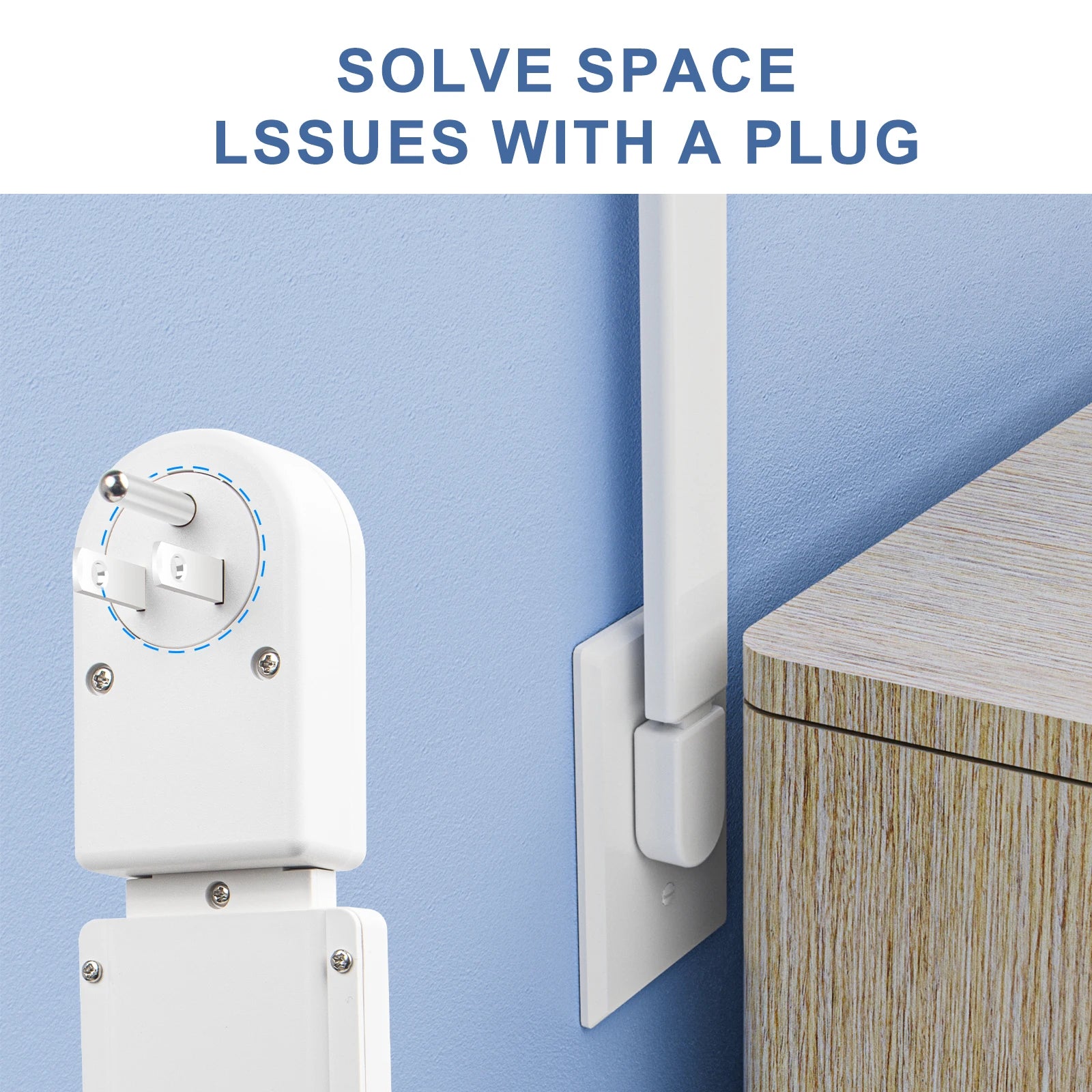 Power outlet extender with 2 USB-A ports, USB-C port, and 2 AC power ports. It extends 22 inches to 34 inches and rotates 180°