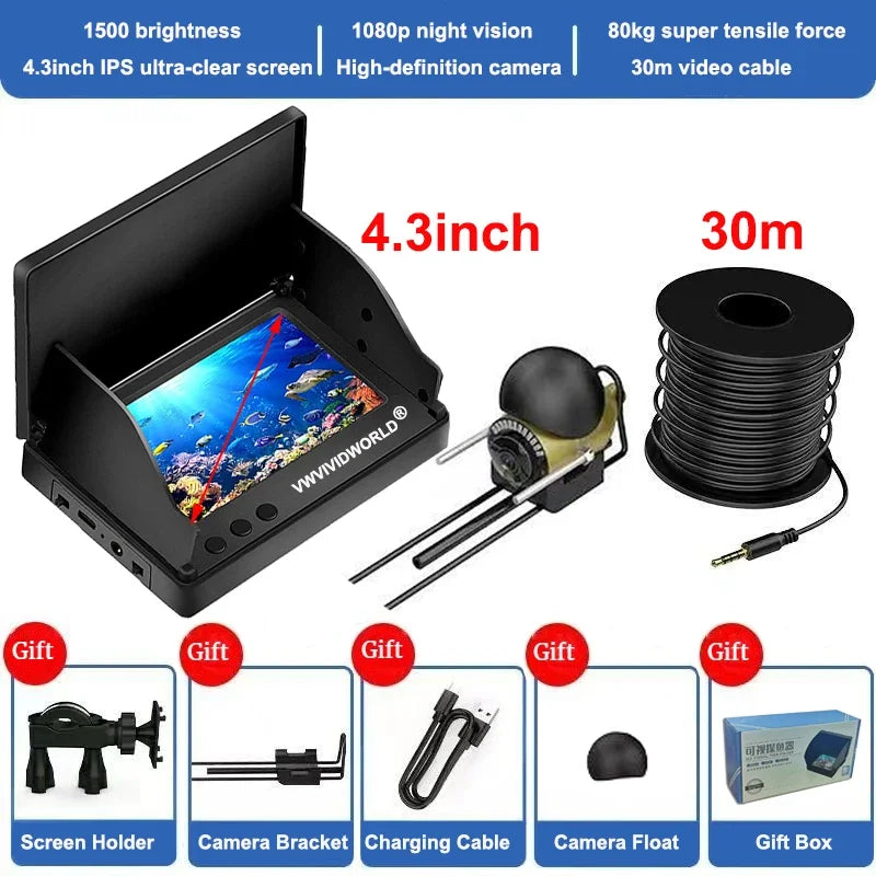 VWVIVIDWORLD,Night Vision Fish Finder,5.0/4.3 Inch LCD IPS Display,Waterproof Underwater,220° 1080P,Fishing Camera,9 Hours