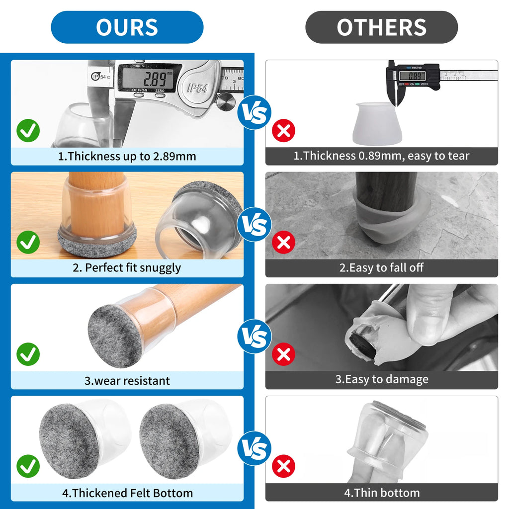 16PCS Chair Leg Floor Protectors Silicone Non-Slip Furniture Legs Caps 360°Thickened Felt Pad Bottom Wrapped for Hardwood Floors