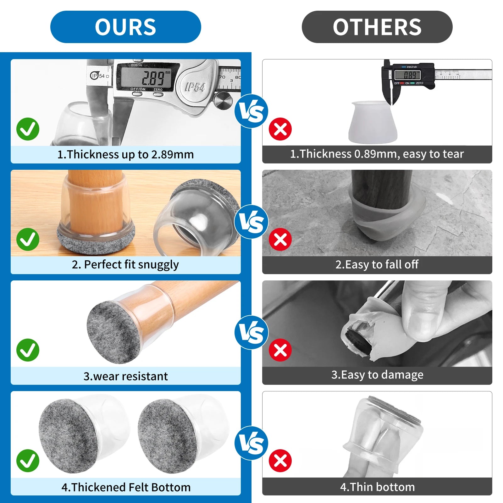 16PCS Chair Leg Floor Protectors Silicone Non-Slip Furniture Legs Caps 360°Thickened Felt Pad Bottom Wrapped for Hardwood Floors