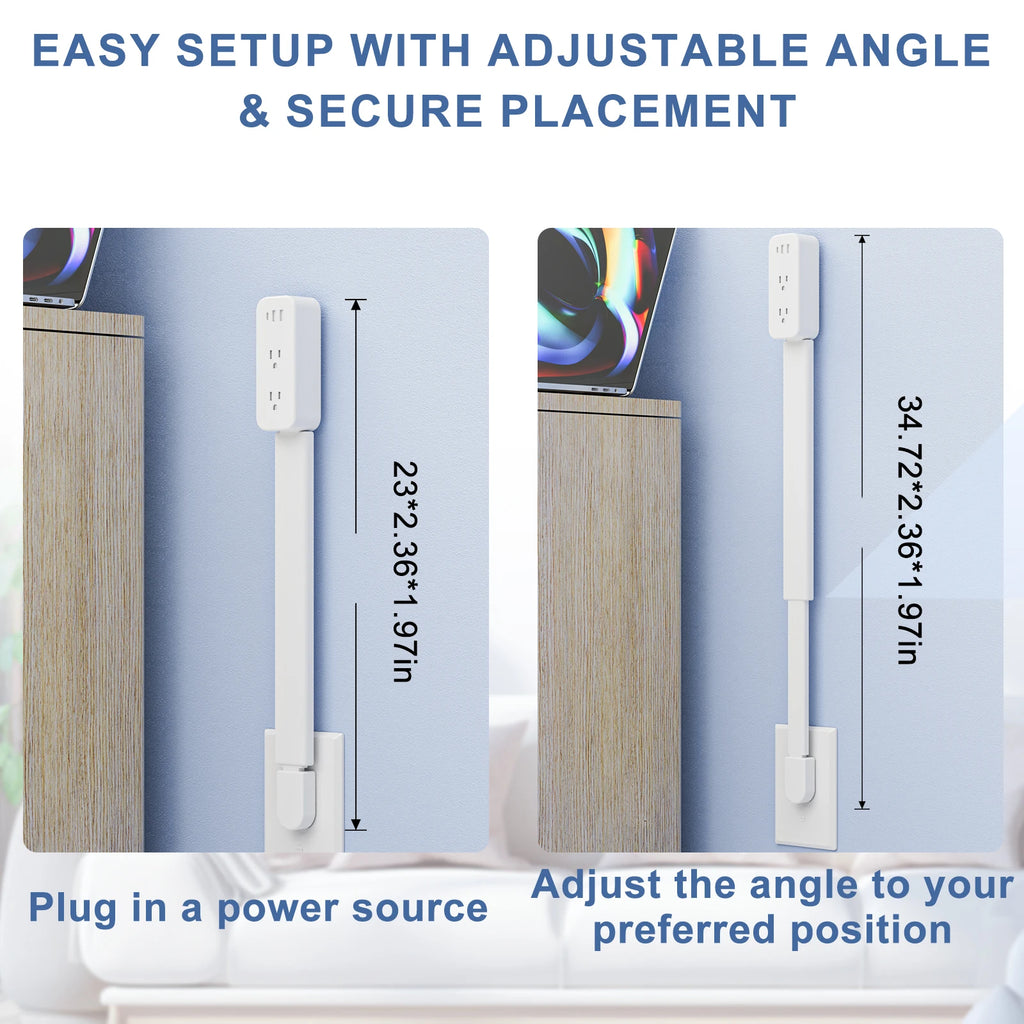 Power outlet extender with 2 USB-A ports, USB-C port, and 2 AC power ports. It extends 22 inches to 34 inches and rotates 180°