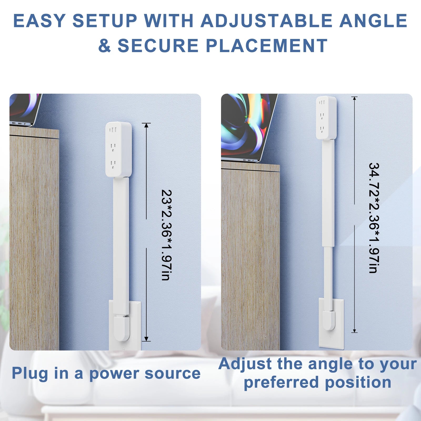 Power outlet extender with 2 USB-A ports, USB-C port, and 2 AC power ports. It extends 22 inches to 34 inches and rotates 180°