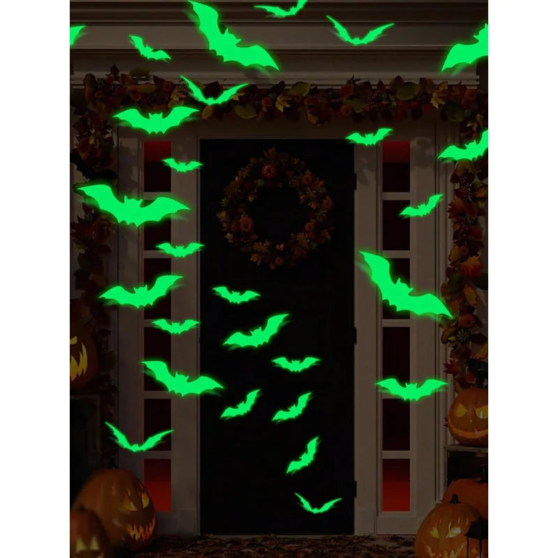 16pcs Halloween Wall Stickers, Glow-In-The-Dark Bat Decals, Waterproof Party Decorations for Walls Windows Ceilings