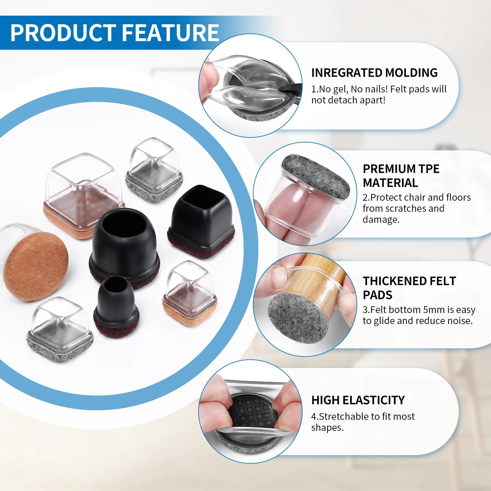 16PCS Chair Leg Floor Protectors Silicone Non-Slip Furniture Legs Caps 360°Thickened Felt Pad Bottom Wrapped for Hardwood Floors