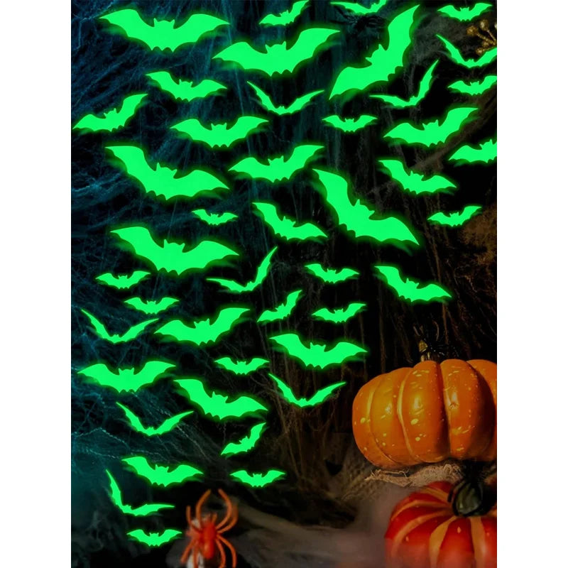 16pcs Halloween Wall Stickers, Glow-In-The-Dark Bat Decals, Waterproof Party Decorations for Walls Windows Ceilings