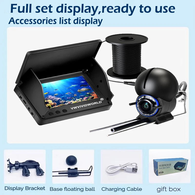 VWVIVIDWORLD,Night Vision Fish Finder,5.0/4.3 Inch LCD IPS Display,Waterproof Underwater,220° 1080P,Fishing Camera,9 Hours