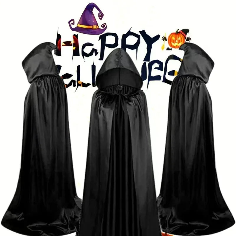 Halloween Masquerad Cloak Hooded Black Robe Witch Long Cape Cosplay Costume Prop Party Performance Supplies Holiday Decoration