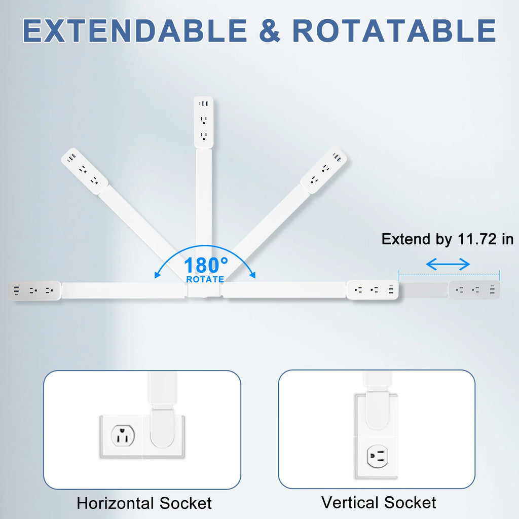 Power outlet extender with 2 USB-A ports, USB-C port, and 2 AC power ports. It extends 22 inches to 34 inches and rotates 180°