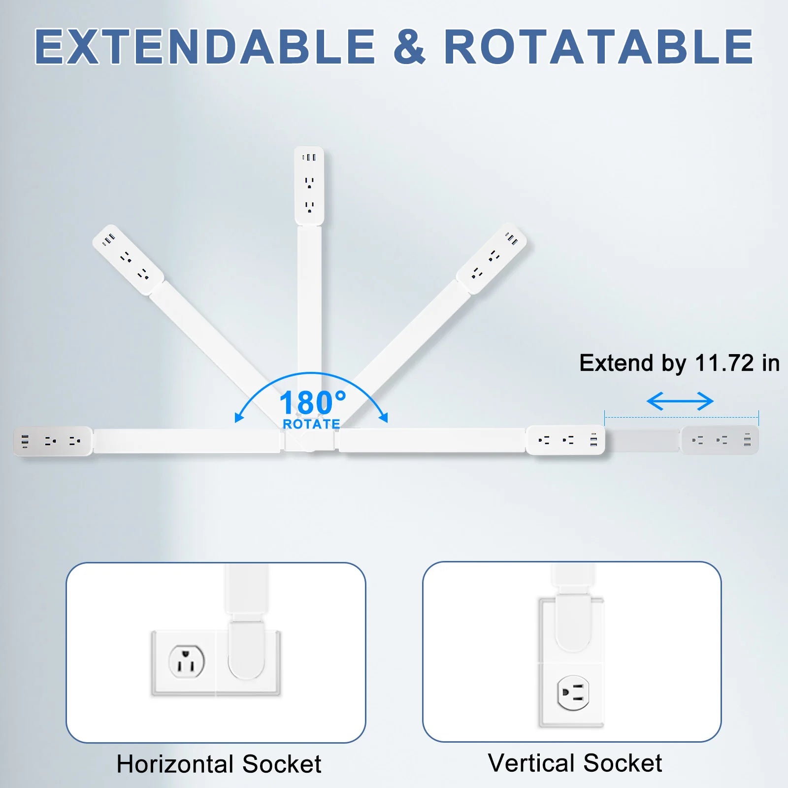 Power outlet extender with 2 USB-A ports, USB-C port, and 2 AC power ports. It extends 22 inches to 34 inches and rotates 180°