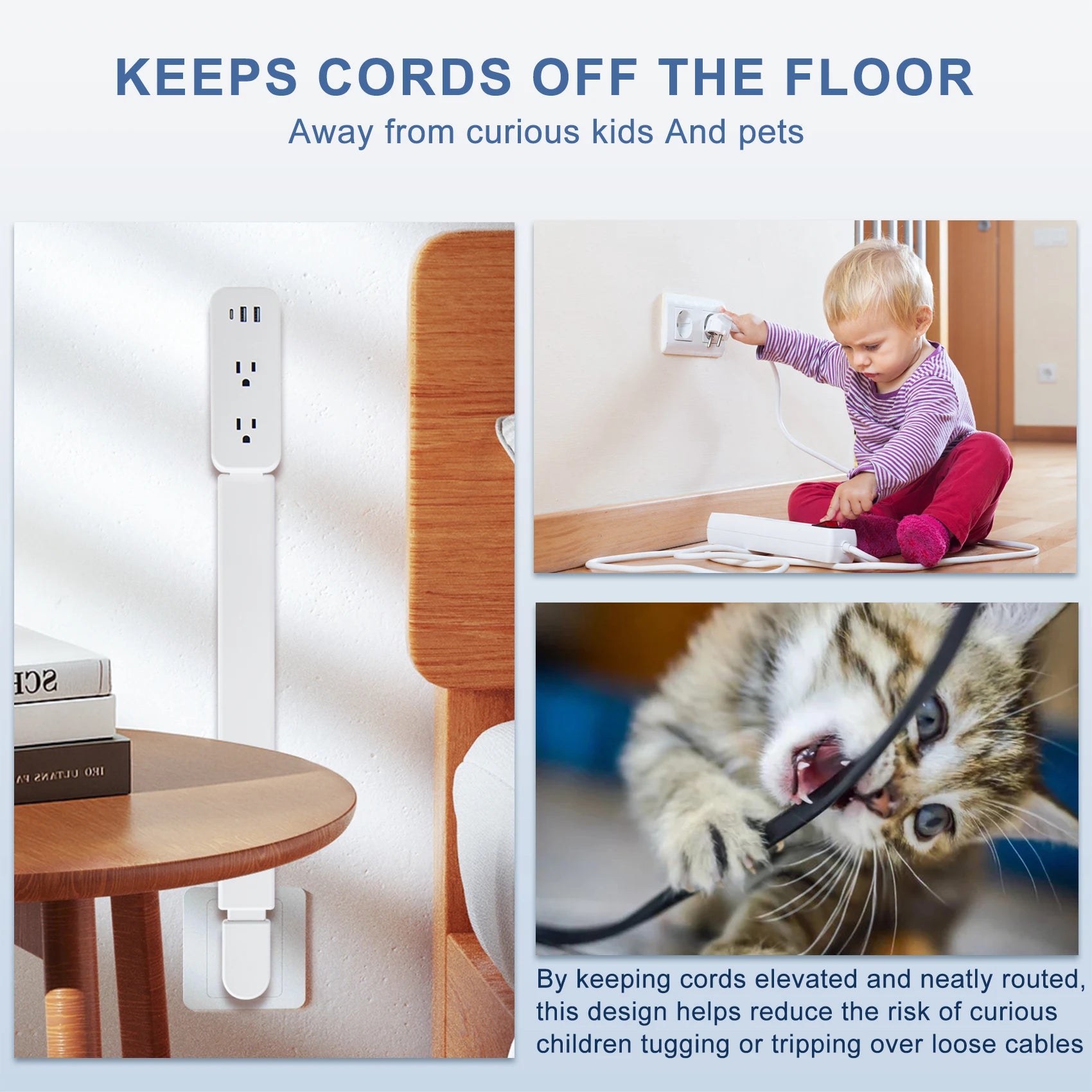 Power outlet extender with 2 USB-A ports, USB-C port, and 2 AC power ports. It extends 22 inches to 34 inches and rotates 180°