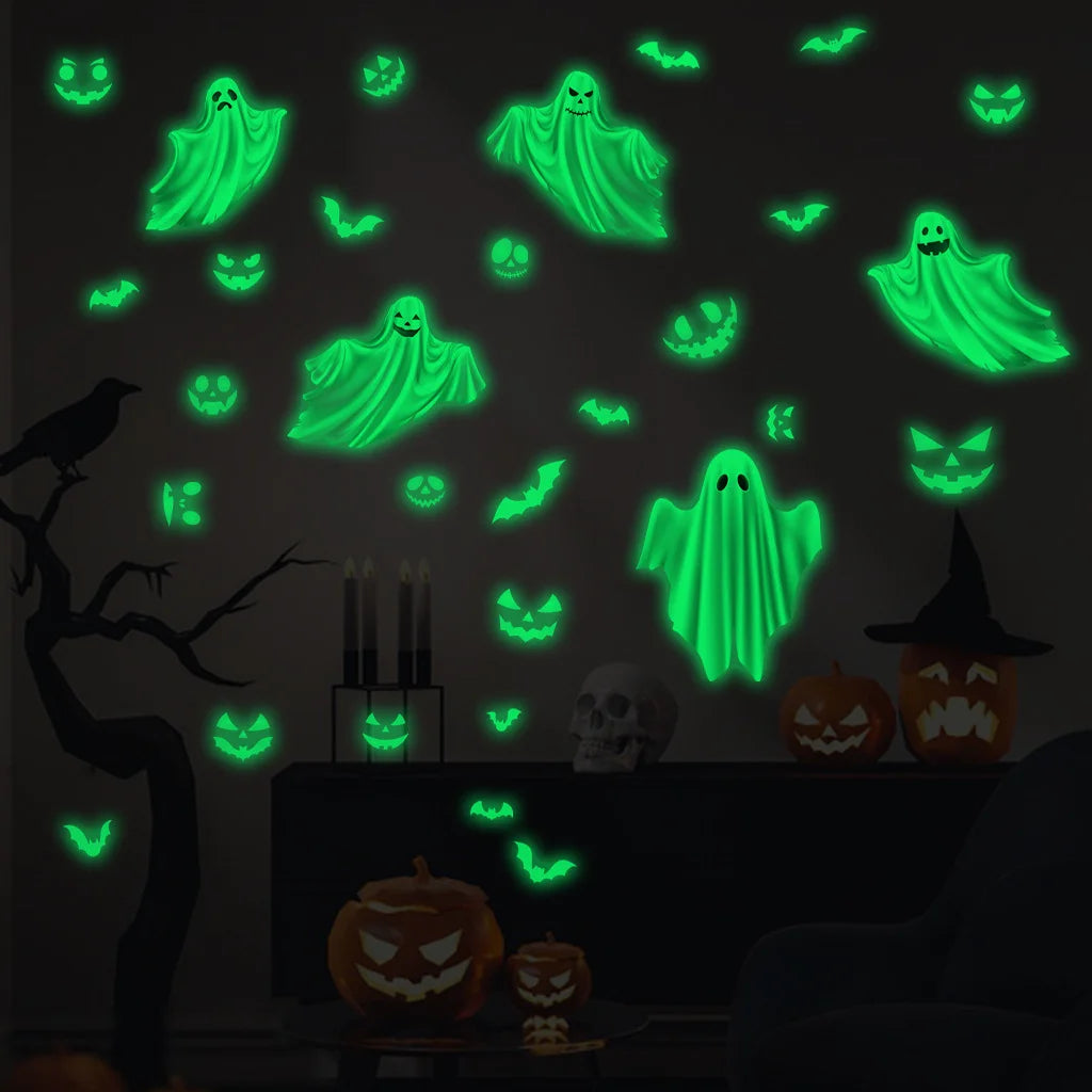 Halloween Glow in the Dark Wall Stickers Creative Ghost PET Film Ghostly Bat Luminous Window Stickers Halloween Home Decoration