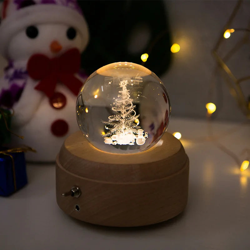 3D Laser Engraved Crystal Ball Rotating Music Coloured Starry Wooden Night Light Birthday Gift Home Decoration Carousel