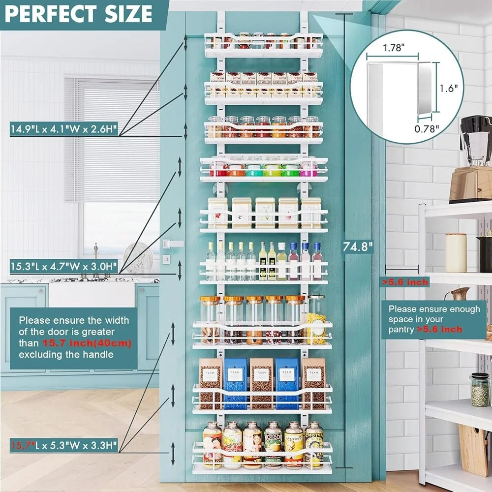 Over The Door Pantry Organizer 9-Tier Adjustable Basket Hanging Storage Metal Racks Easy Installation Multi-functional Door