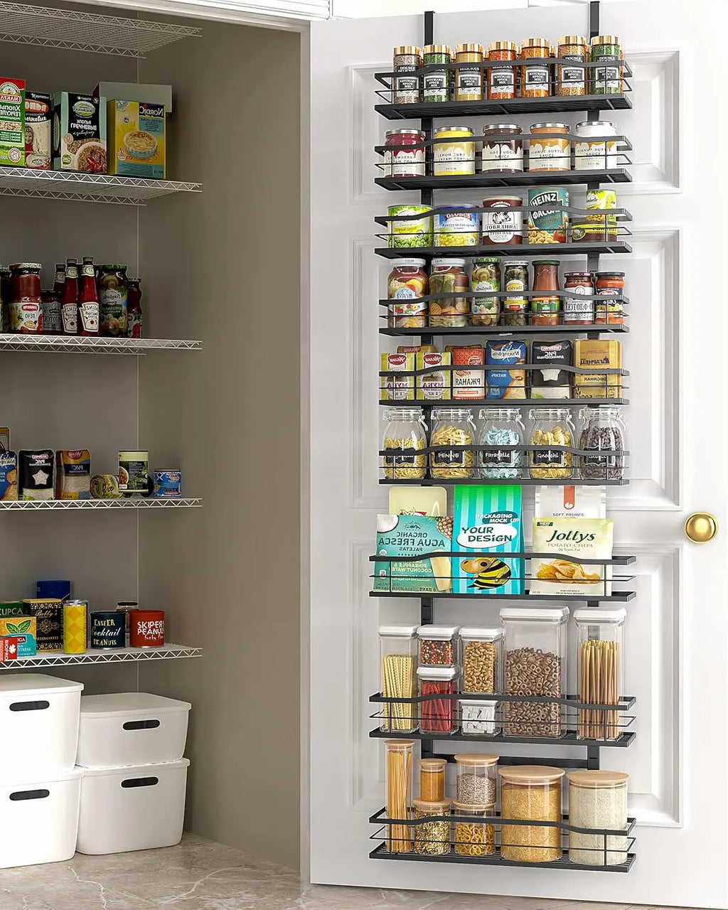 9-Tier Over The Door Pantry Organizer, Pantry Organization and Storage, Black Hanging Basket Wall Spice Rack Seasoning Shelves
