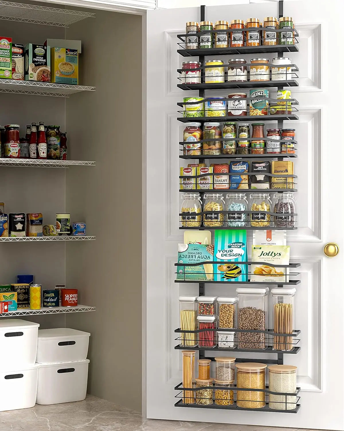 9-Tier Over The Door Pantry Organizer, Pantry Organization and Storage, Black Hanging Basket Wall Spice Rack Seasoning Shelves