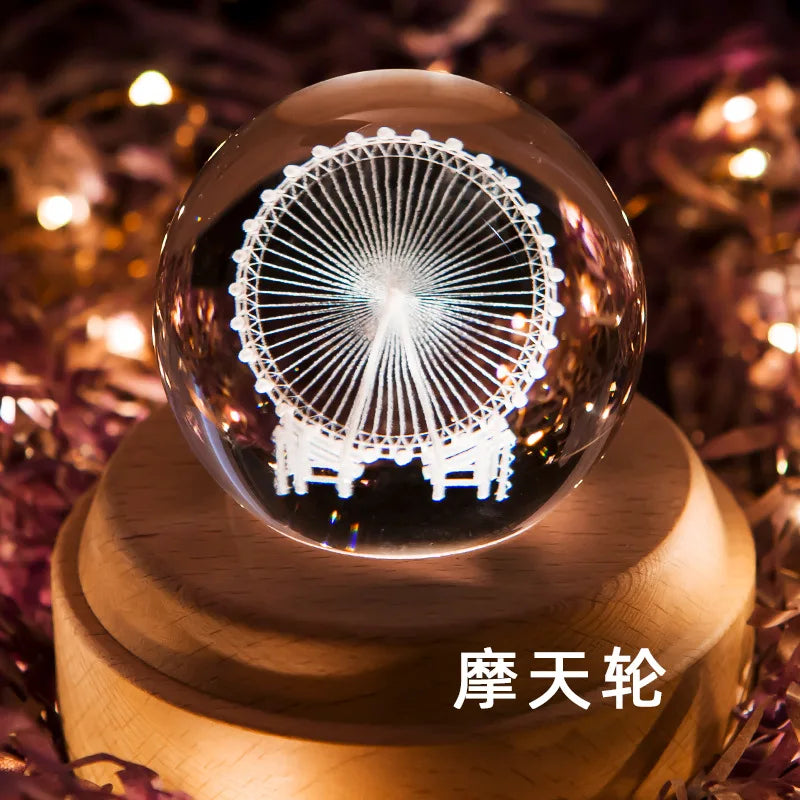 3D Laser Engraved Crystal Ball Rotating Music Coloured Starry Wooden Night Light Birthday Gift Home Decoration Carousel