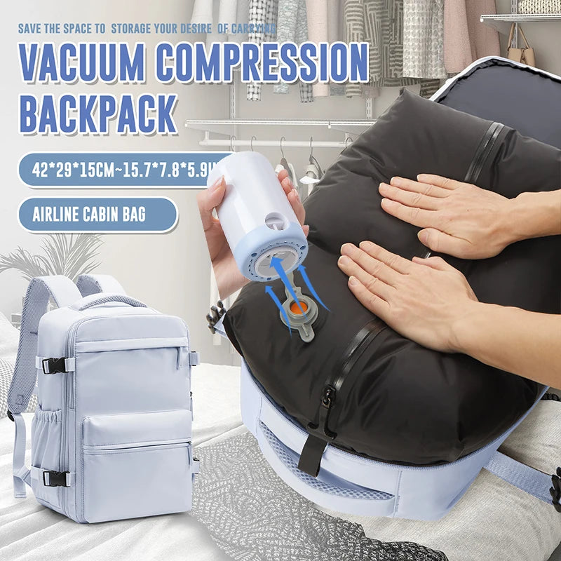 Vacuum Compression Backpack with Pump, Wizzair Easyjet Cabin Bag Travel Backpack for Women Men, Airplane Hand Luggage Laptop Bag