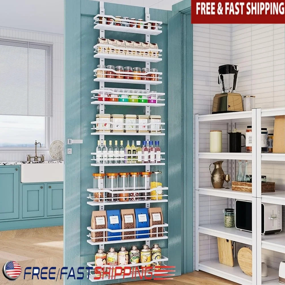 Over The Door Pantry Organizer 9-Tier Adjustable Basket Hanging Storage Metal Racks Easy Installation Multi-functional Door