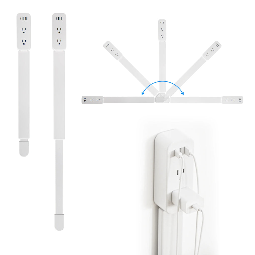 Power outlet extender with 2 USB-A ports, USB-C port, and 2 AC power ports. It extends 22 inches to 34 inches and rotates 180°
