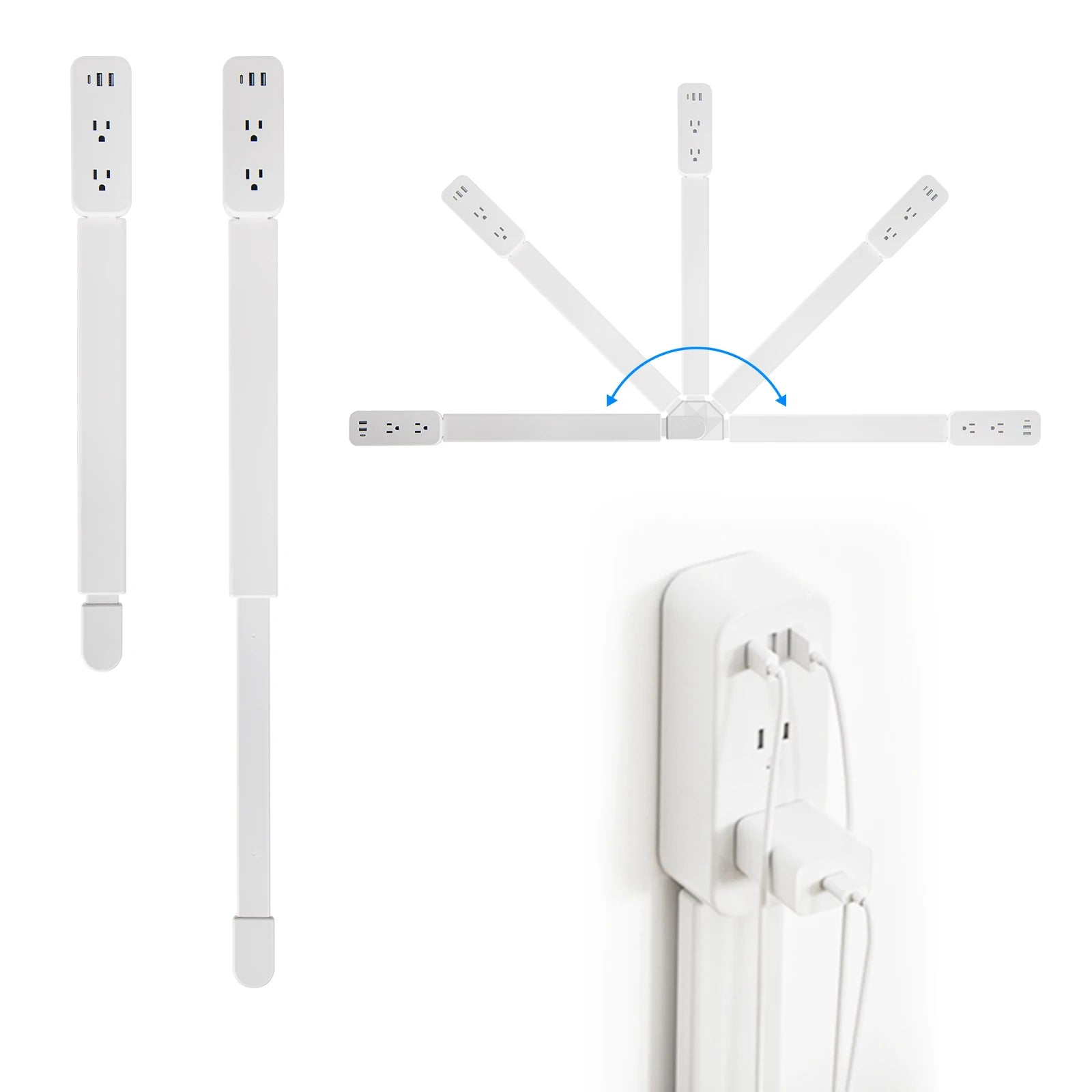 Power outlet extender with 2 USB-A ports, USB-C port, and 2 AC power ports. It extends 22 inches to 34 inches and rotates 180°