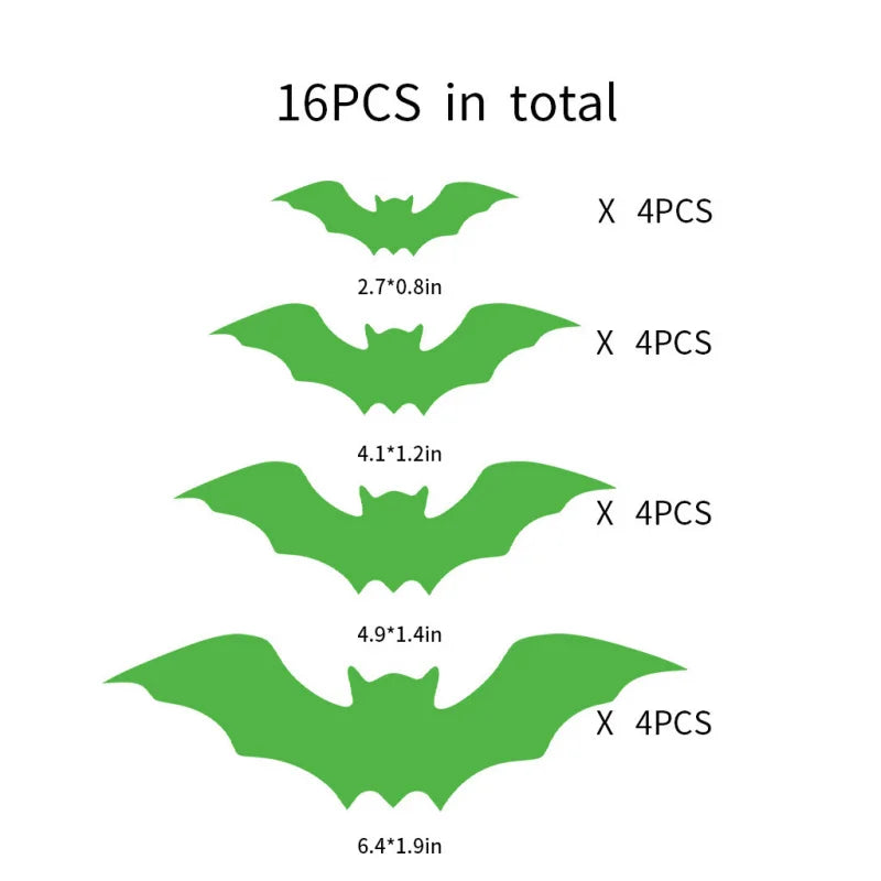 16pcs Halloween Wall Stickers, Glow-In-The-Dark Bat Decals, Waterproof Party Decorations for Walls Windows Ceilings
