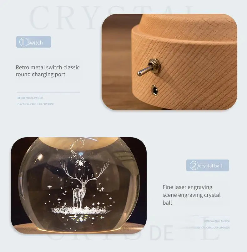 3D Laser Engraved Crystal Ball Rotating Music Coloured Starry Wooden Night Light Birthday Gift Home Decoration Carousel