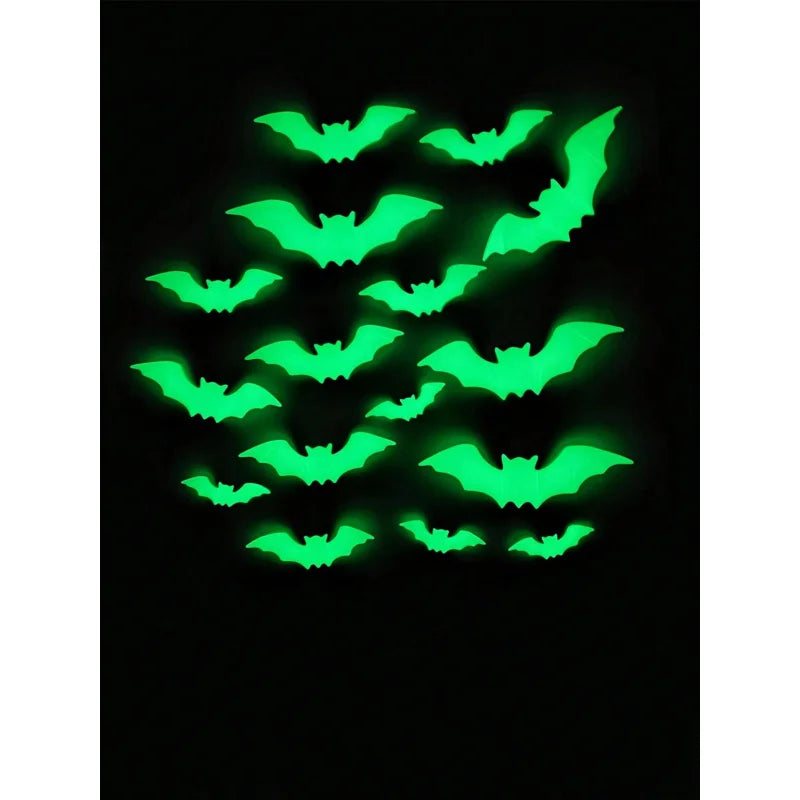 16pcs Halloween Wall Stickers, Glow-In-The-Dark Bat Decals, Waterproof Party Decorations for Walls Windows Ceilings