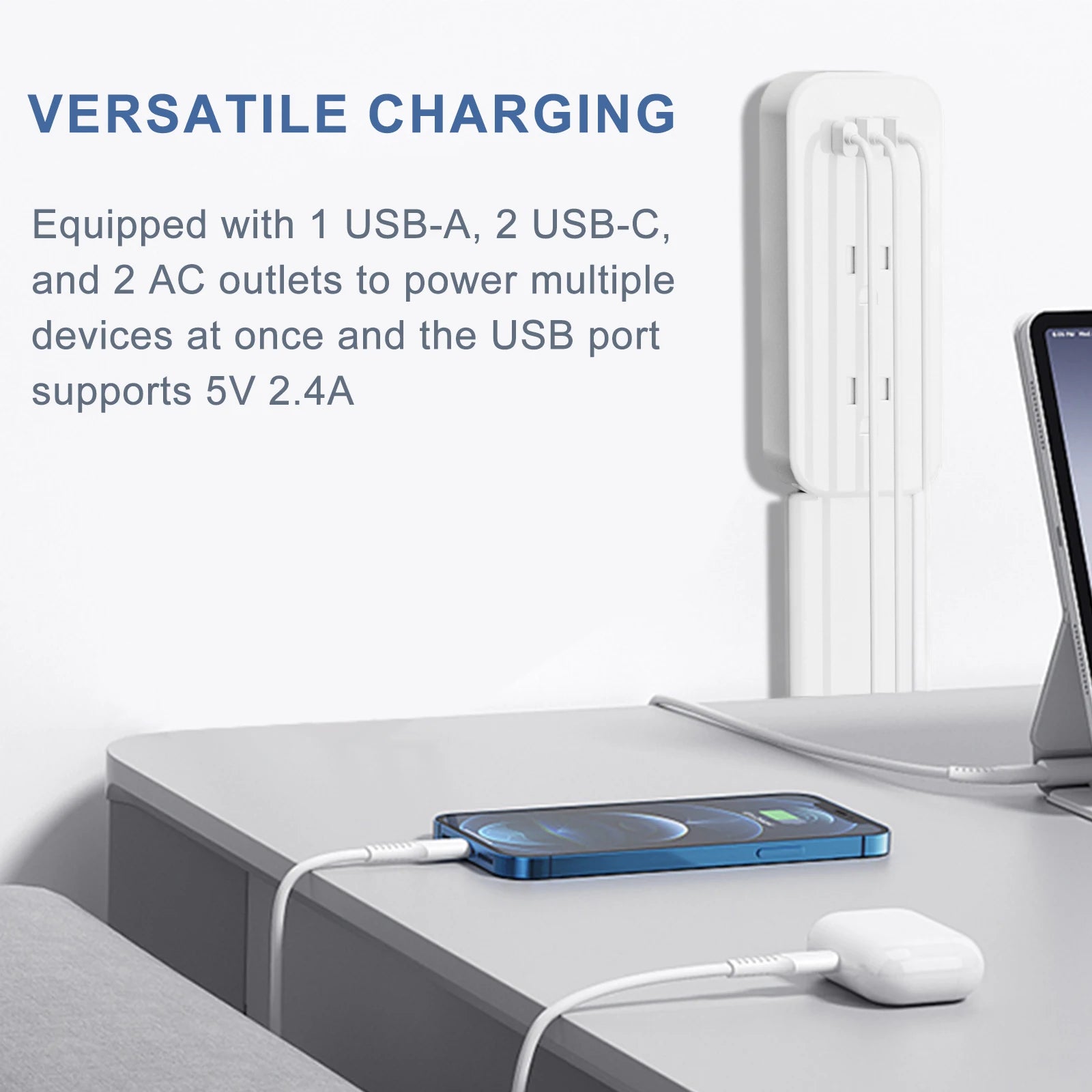 Power outlet extender with 2 USB-A ports, USB-C port, and 2 AC power ports. It extends 22 inches to 34 inches and rotates 180°
