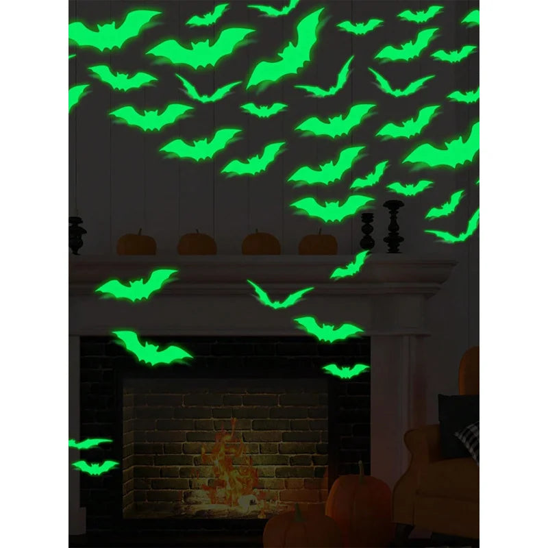 16pcs Halloween Wall Stickers, Glow-In-The-Dark Bat Decals, Waterproof Party Decorations for Walls Windows Ceilings