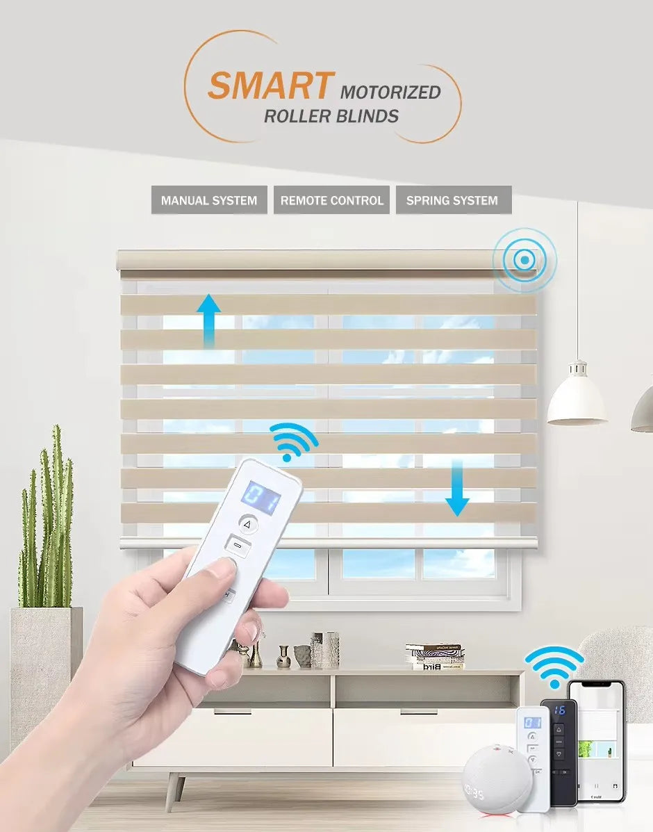 High Quality Waterproof Fireproof Motorized Cordless Remote Control Day And Night Zebra Blinds For Bathroom