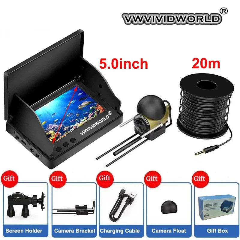 VWVIVIDWORLD,Night Vision Fish Finder,5.0/4.3 Inch LCD IPS Display,Waterproof Underwater,220° 1080P,Fishing Camera,9 Hours